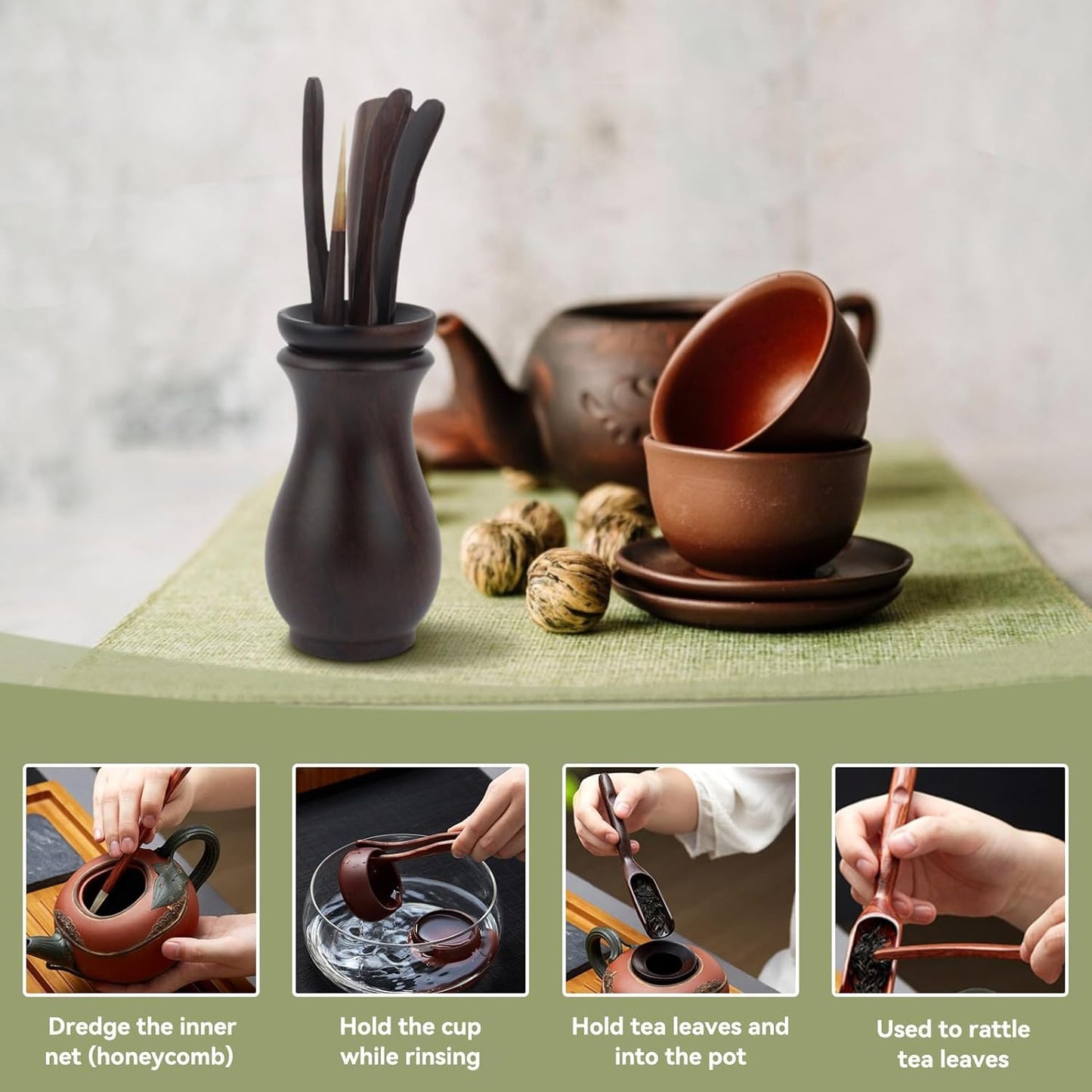 Chinese Gongfu Wooden Tea Ceremony Utensil Tools Set, 6PCS Kungfu Set Asian Teaware Kit for Traditional Brewing