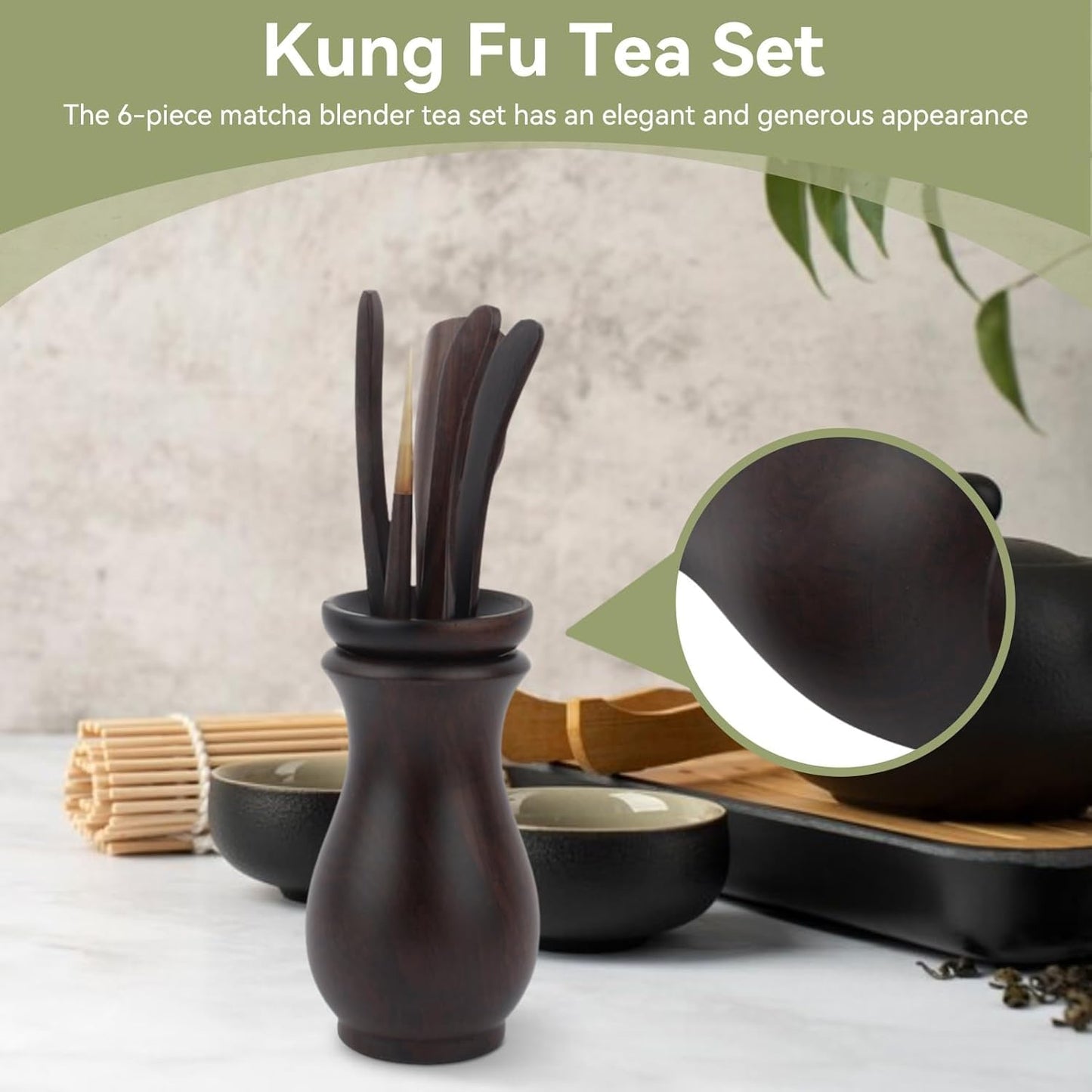 Chinese Gongfu Wooden Tea Ceremony Utensil Tools Set, 6PCS Kungfu Set Asian Teaware Kit for Traditional Brewing