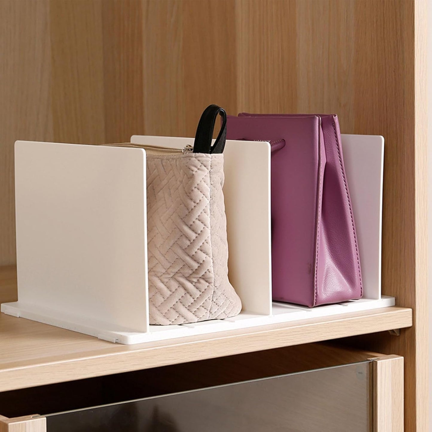 Shelf Divider for Closet, White Purse Organizer Adjustable Storage Handbag Organizers Closets Bookshelf Separator Dividers