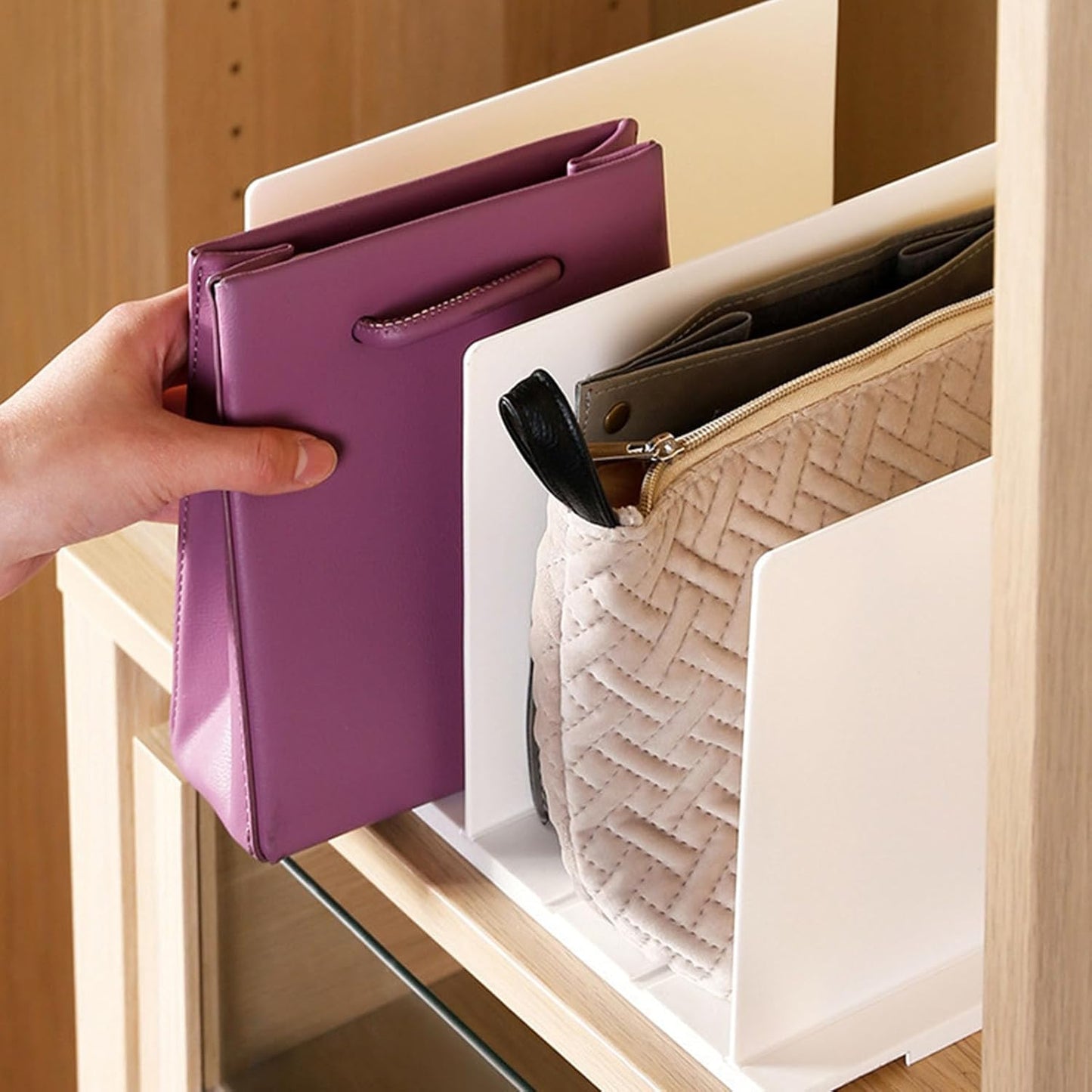 Shelf Divider for Closet, White Purse Organizer Adjustable Storage Handbag Organizers Closets Bookshelf Separator Dividers