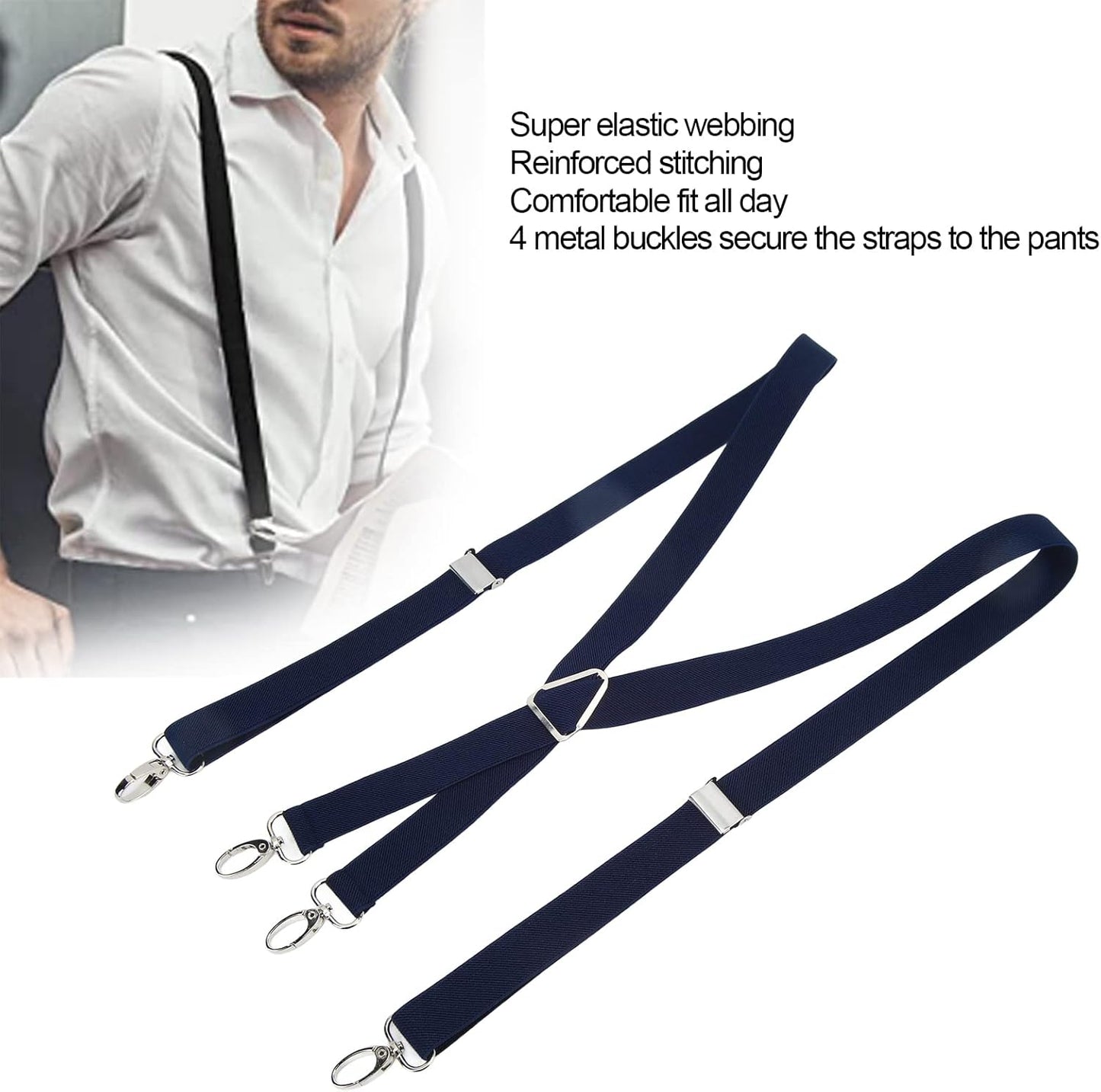 Mens Suspenders,Back Hidden Suspender,Adjustable Stretchable 2.5x110cm/1.0x43.3in Clip Suspenders Fit 4 Metal Buckles Pants for Adult(Navy blue)