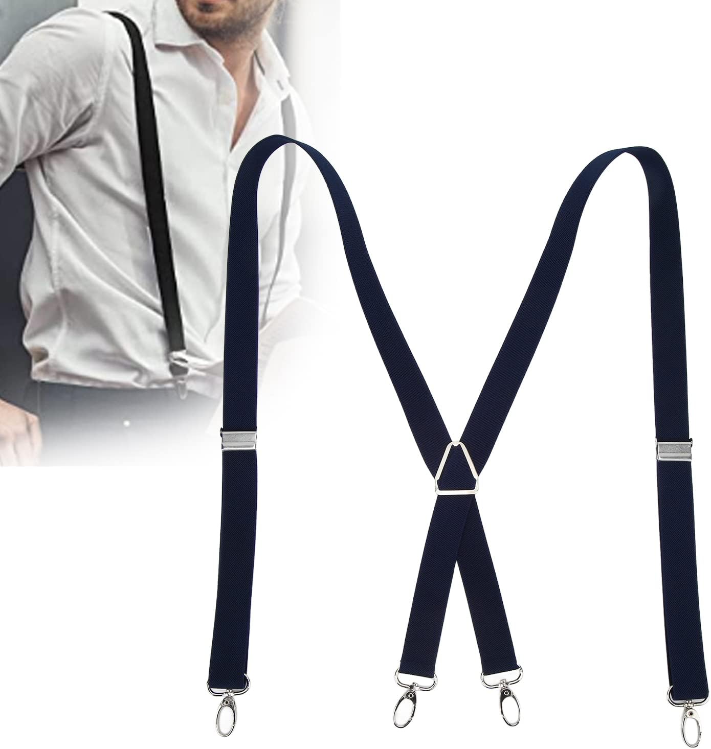 Mens Suspenders,Back Hidden Suspender,Adjustable Stretchable 2.5x110cm/1.0x43.3in Clip Suspenders Fit 4 Metal Buckles Pants for Adult(Navy blue)