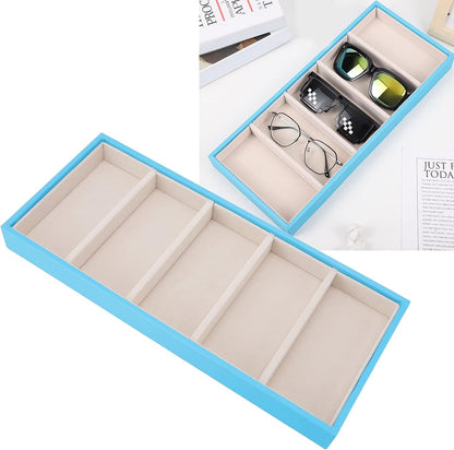 Glasses Organizer Jewelry Tray, 5 Grids Leather Eyeglass Storage Case Sunglass Display Tray and Watch Collection Organizer(Light Blue)