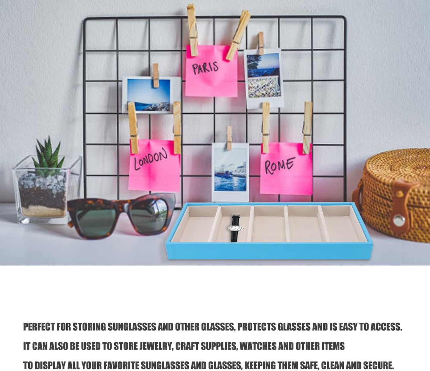 Glasses Organizer Jewelry Tray, 5 Grids Leather Eyeglass Storage Case Sunglass Display Tray and Watch Collection Organizer(Light Blue)