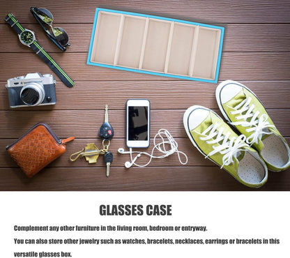 Glasses Organizer Jewelry Tray, 5 Grids Leather Eyeglass Storage Case Sunglass Display Tray and Watch Collection Organizer(Light Blue)