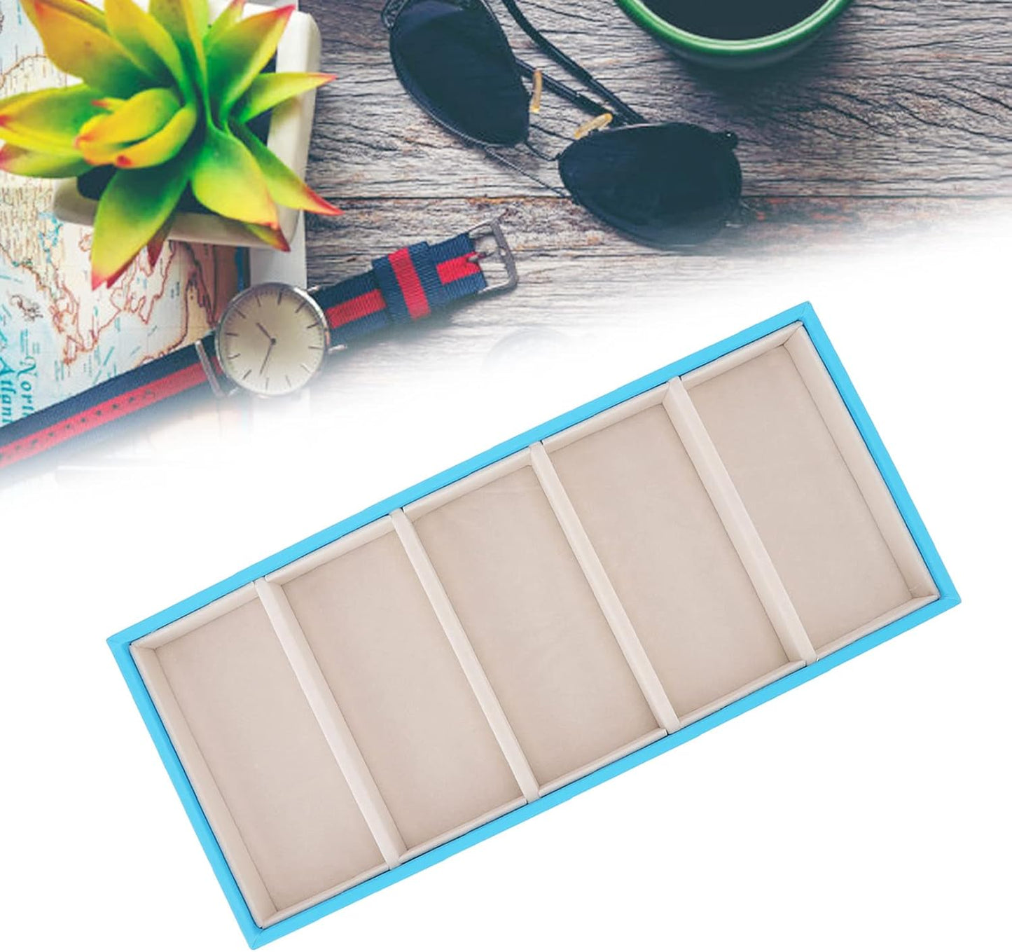 Glasses Organizer Jewelry Tray, 5 Grids Leather Eyeglass Storage Case Sunglass Display Tray and Watch Collection Organizer(Light Blue)