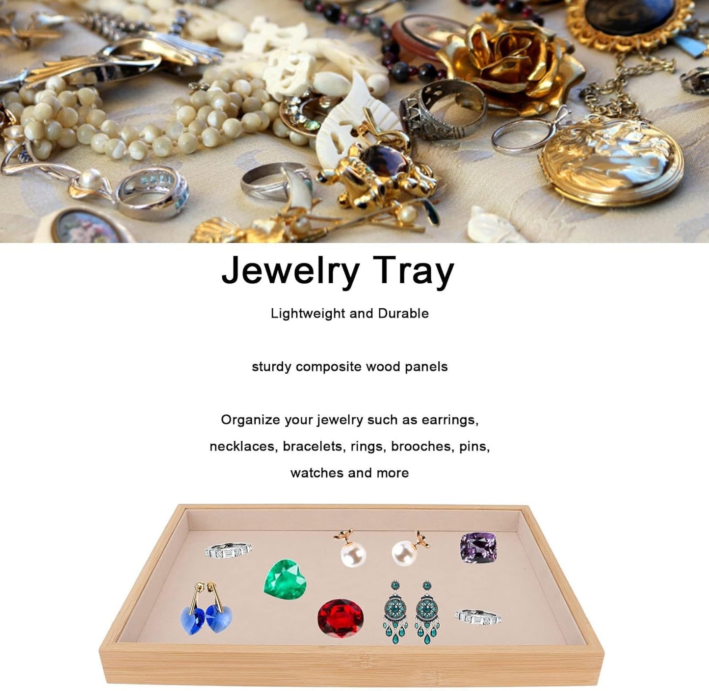 Velvet Stackable Jewelry Tray, Wood Flat Organizer Tray Drawer for Necklace Bracelet Ring Showcase Display(Beige)