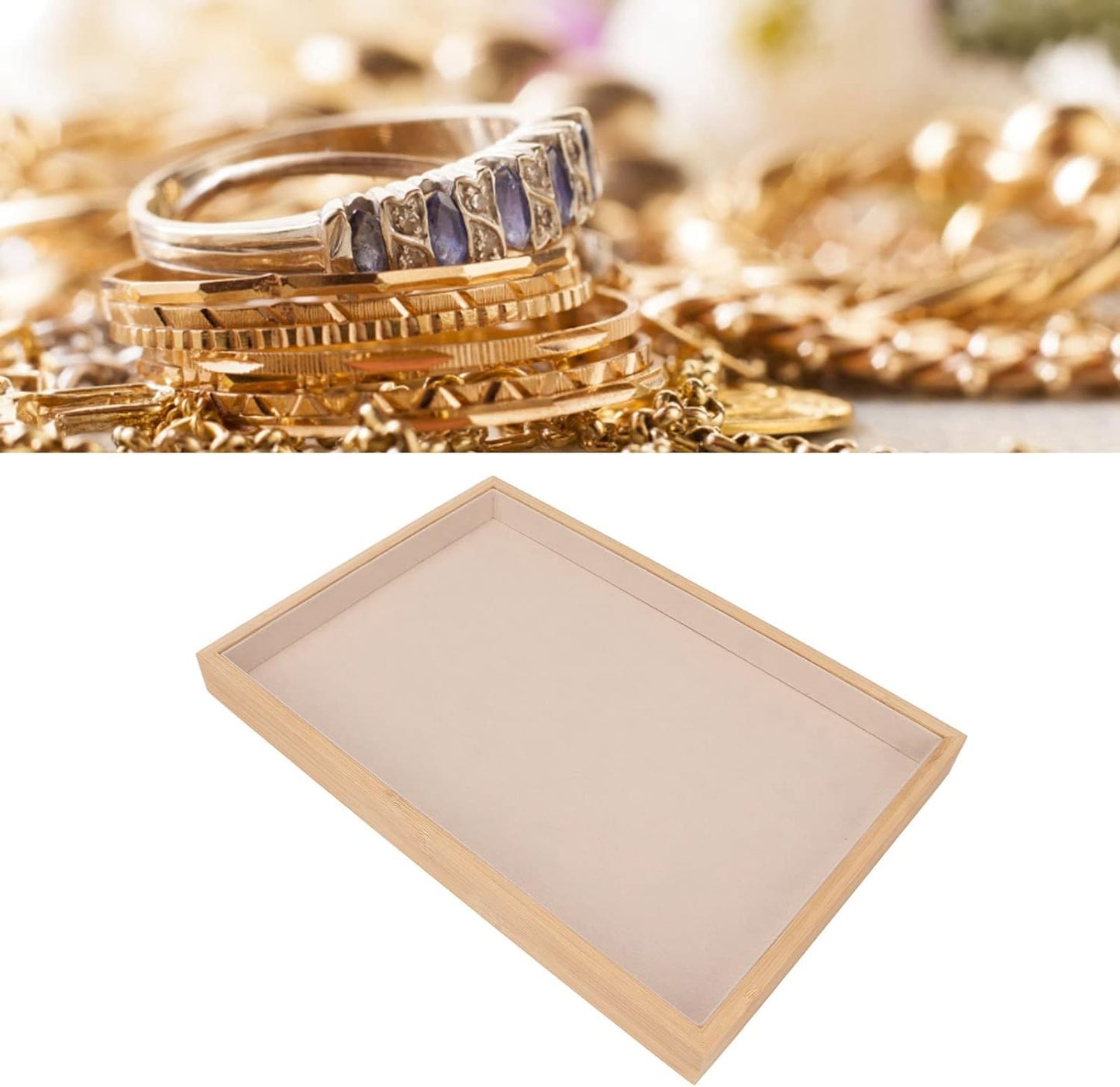 Velvet Stackable Jewelry Tray, Wood Flat Organizer Tray Drawer for Necklace Bracelet Ring Showcase Display(Beige)