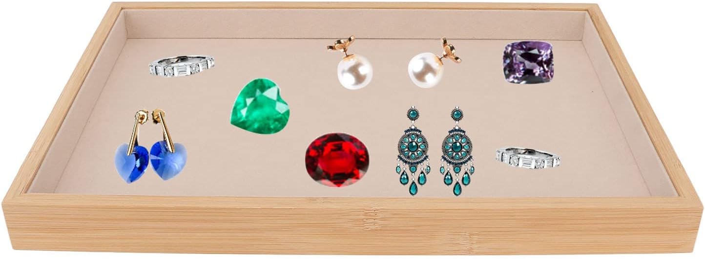 Velvet Stackable Jewelry Tray, Wood Flat Organizer Tray Drawer for Necklace Bracelet Ring Showcase Display(Beige)