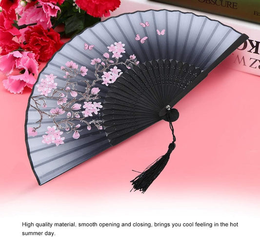 Hand Held Folding Fans, Floral Fans Handheld Paper Fan with Tassel Vintage Hollowed Holding for Dance Props Home Decoration(Gray) Grey