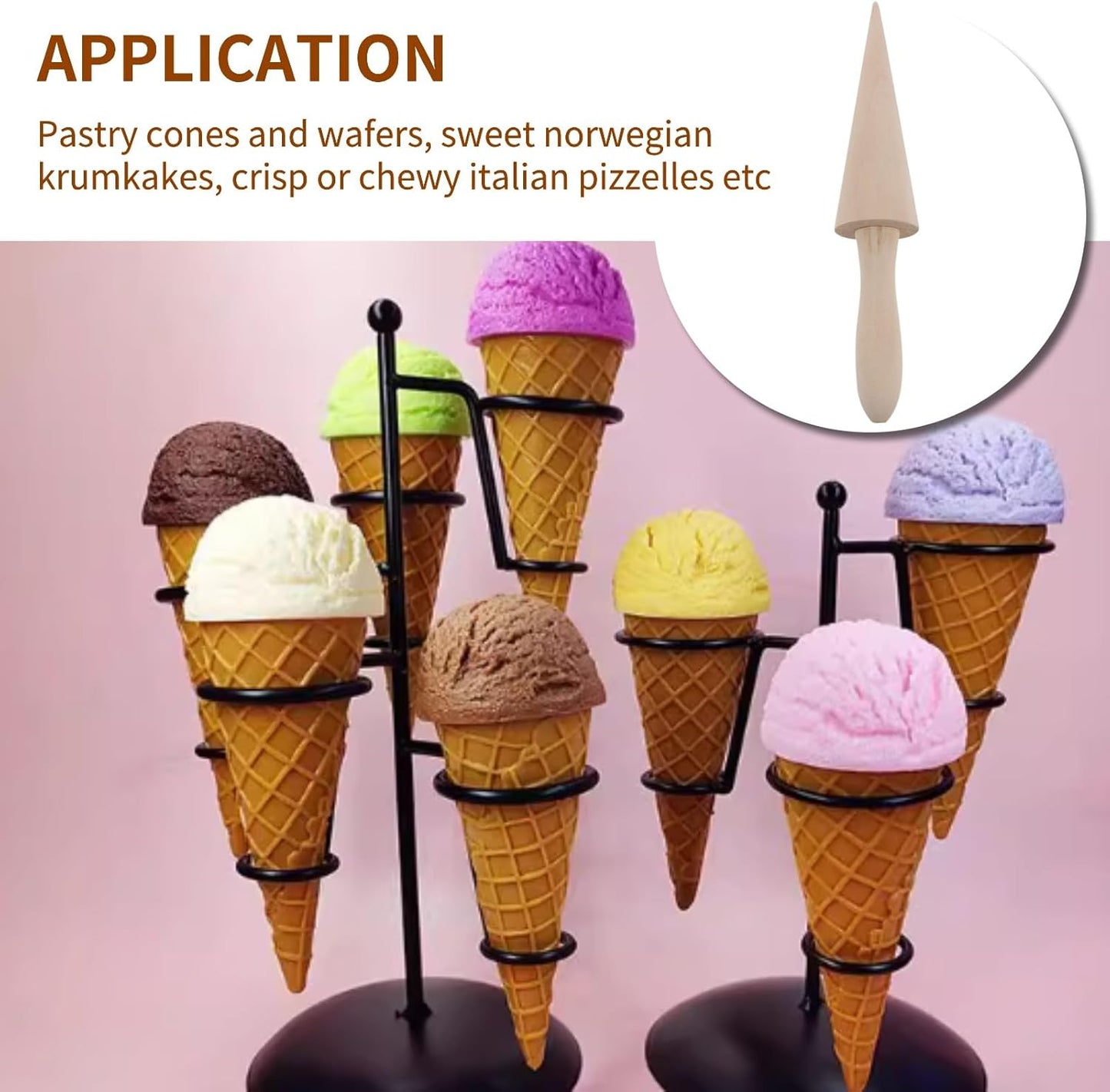 Ice Cream Cone Mold, Reusable Wooden Horn Mold 9.1in Waffle Roller Pizzelle for Kitchen Cooking and Baking