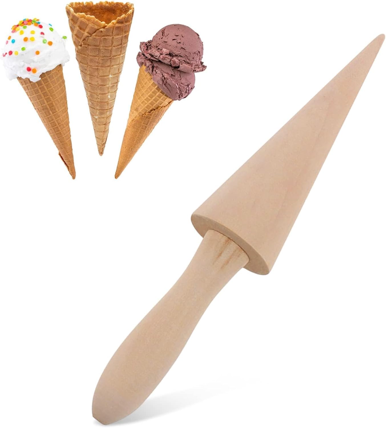 Ice Cream Cone Mold, Reusable Wooden Horn Mold 9.1in Waffle Roller Pizzelle for Kitchen Cooking and Baking