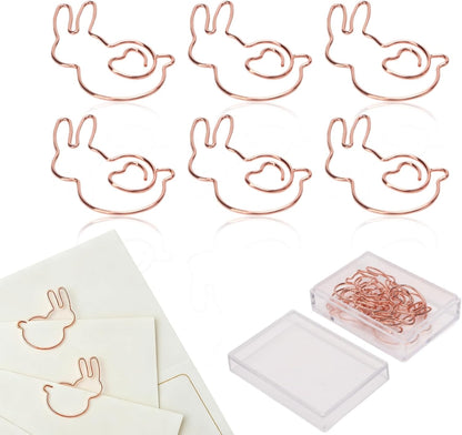 100PCS Rabbit Shape Paper Clips, Rose Gold Bunny Paperclips Decorative Clips Cute Animals Bookmark for Office School Home Desk Organizers