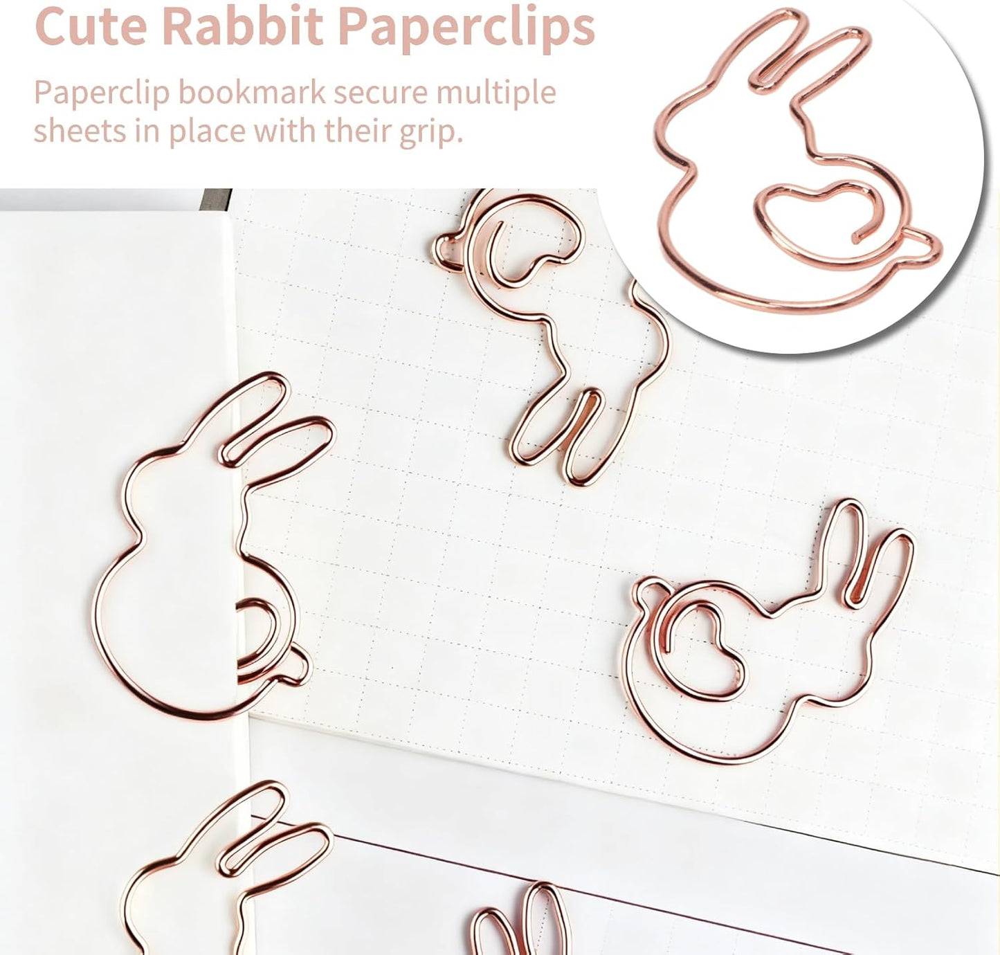 100PCS Rabbit Shape Paper Clips, Rose Gold Bunny Paperclips Decorative Clips Cute Animals Bookmark for Office School Home Desk Organizers