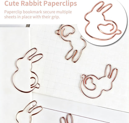 100PCS Rabbit Shape Paper Clips, Rose Gold Bunny Paperclips Decorative Clips Cute Animals Bookmark for Office School Home Desk Organizers