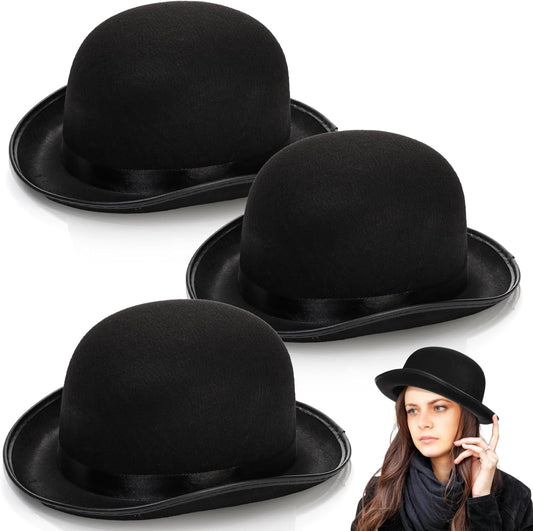 3 Pack Bowler Hat, 23" C Black Derby Felt Bolivian Costume Hat Accessories, Victorian Dress Up for Men and Women, Adults