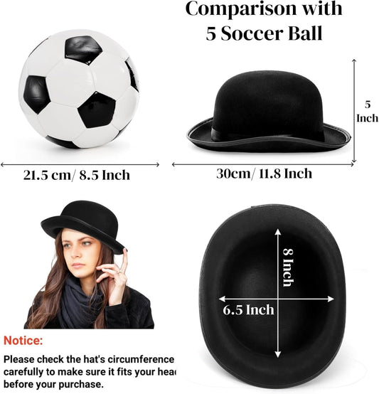 3 Pack Bowler Hat, 23" C Black Derby Felt Bolivian Costume Hat Accessories, Victorian Dress Up for Men and Women, Adults