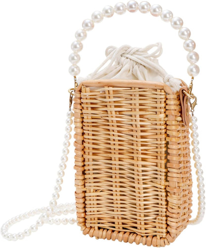 Pearl Basket Purse, Handwoven Rattan Beach Bag For Women, Rectangular Wicker Handbag, Vintage Summer Straw Tote