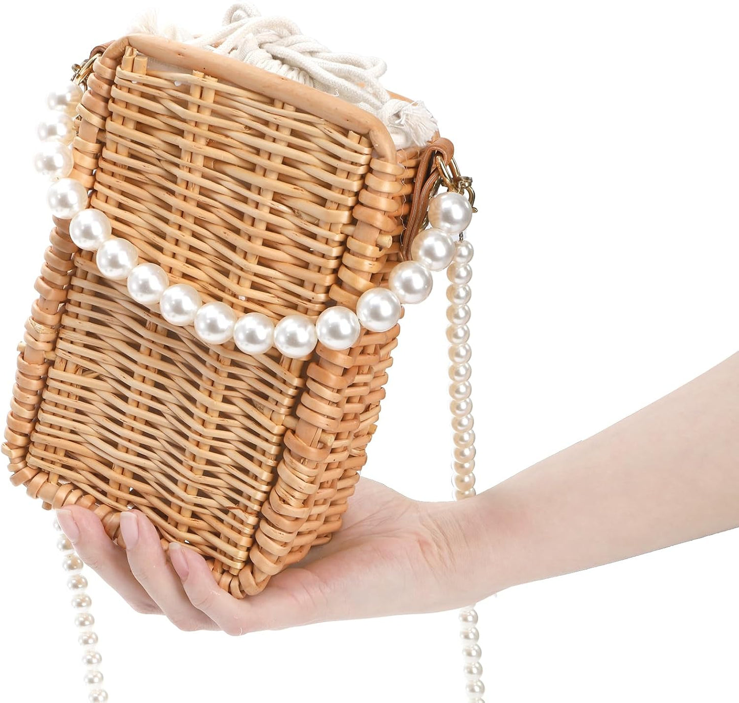 Pearl Basket Purse, Handwoven Rattan Beach Bag For Women, Rectangular Wicker Handbag, Vintage Summer Straw Tote