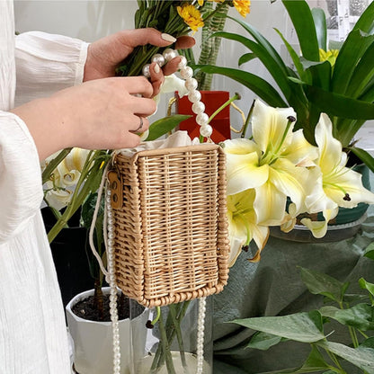 Pearl Basket Purse, Handwoven Rattan Beach Bag For Women, Rectangular Wicker Handbag, Vintage Summer Straw Tote