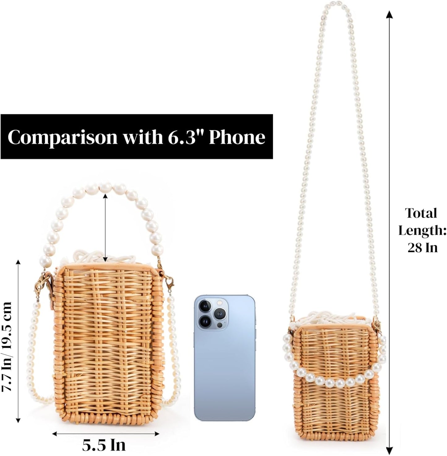 Pearl Basket Purse, Handwoven Rattan Beach Bag For Women, Rectangular Wicker Handbag, Vintage Summer Straw Tote