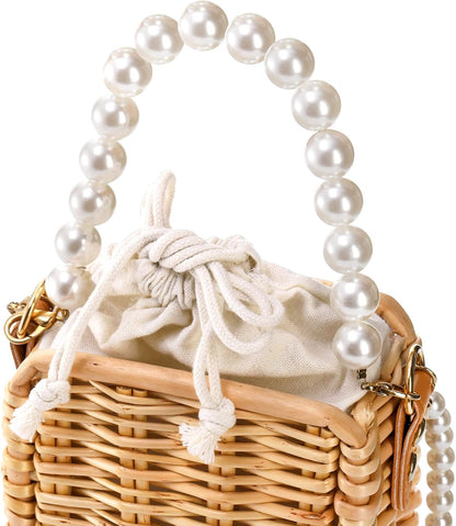 Pearl Basket Purse, Handwoven Rattan Beach Bag For Women, Rectangular Wicker Handbag, Vintage Summer Straw Tote
