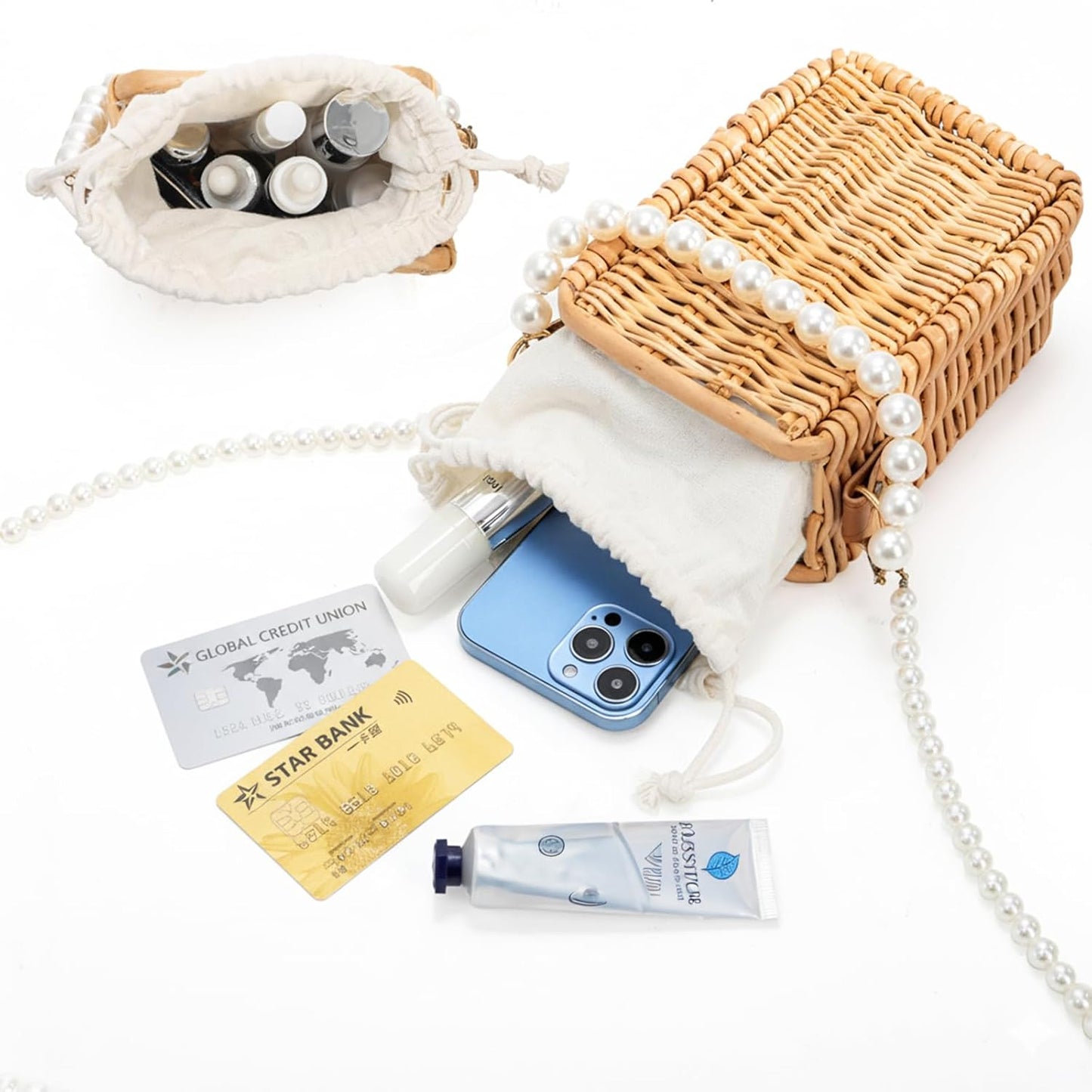 Pearl Basket Purse, Handwoven Rattan Beach Bag For Women, Rectangular Wicker Handbag, Vintage Summer Straw Tote