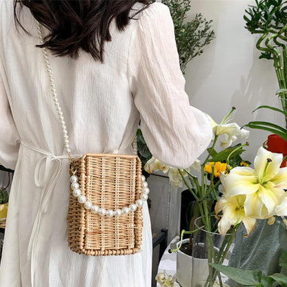 Pearl Basket Purse, Handwoven Rattan Beach Bag For Women, Rectangular Wicker Handbag, Vintage Summer Straw Tote