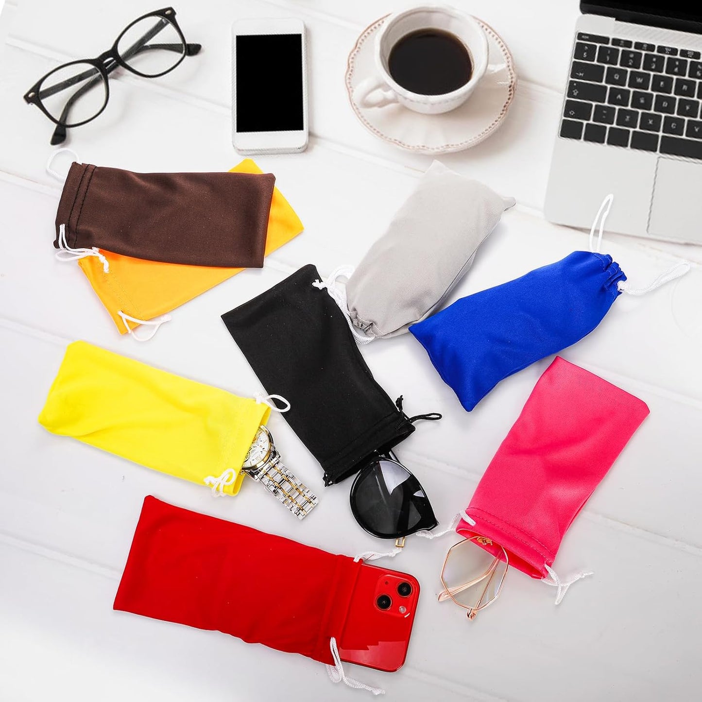 80 Packs Glasses Pouch, Microfiber Sunglasses Soft Case with Drawstring Closure, Gadgets, Black, Blue, Red, Orange, Pink, Brown, Gray, Yellow