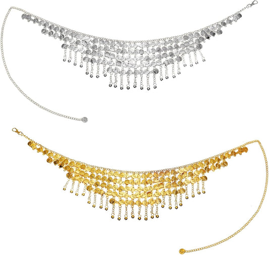 2 Pack Belly Dance Hip Scarf Belt, Dangling Coins Bellys Dancing Skirt, Dancer Bottoms Halloween Costume Accessory for Women, Music Festival, Gold and Silver, 32 Short
