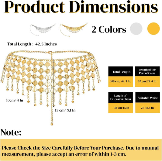2 Pack Belly Dance Hip Scarf Belt, Dangling Coins Bellys Dancing Skirt, Dancer Bottoms Halloween Costume Accessory for Women, Music Festival, Gold and Silver, 32 Short
