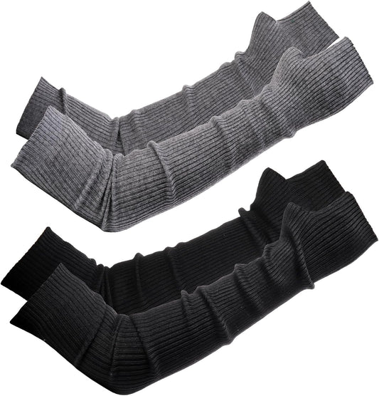 2 Packs Long Fingerless Gloves, Wool Blended Knitted Arm Warmers, Stretchy Over-elbow Length Sleeves for Women Fashion, Cosplay Accessories, Black and Gray