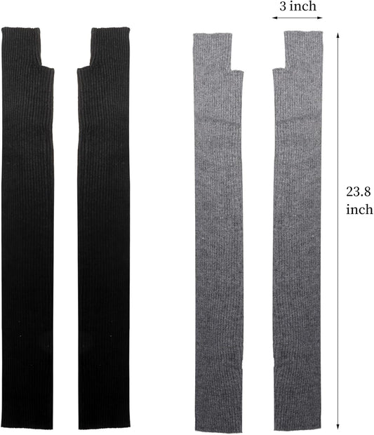 2 Packs Long Fingerless Gloves, Wool Blended Knitted Arm Warmers, Stretchy Over-elbow Length Sleeves for Women Fashion, Cosplay Accessories, Black and Gray