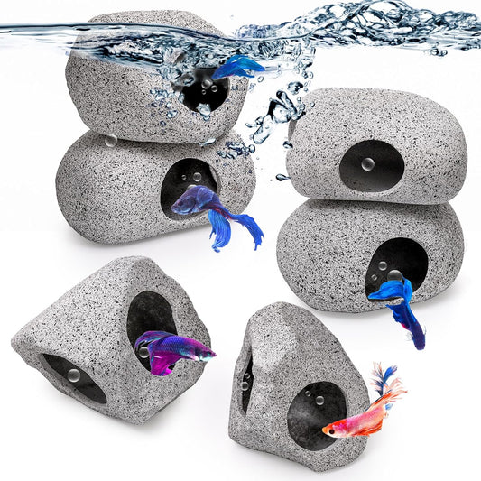 6 Pack Aquarium Decoration Rock Caves, Betta Fish Tank Hideaway, Hideout Stones House Decor for Cichlid Shrimp Territorial Hiding Breeding Spawning, Ornaments