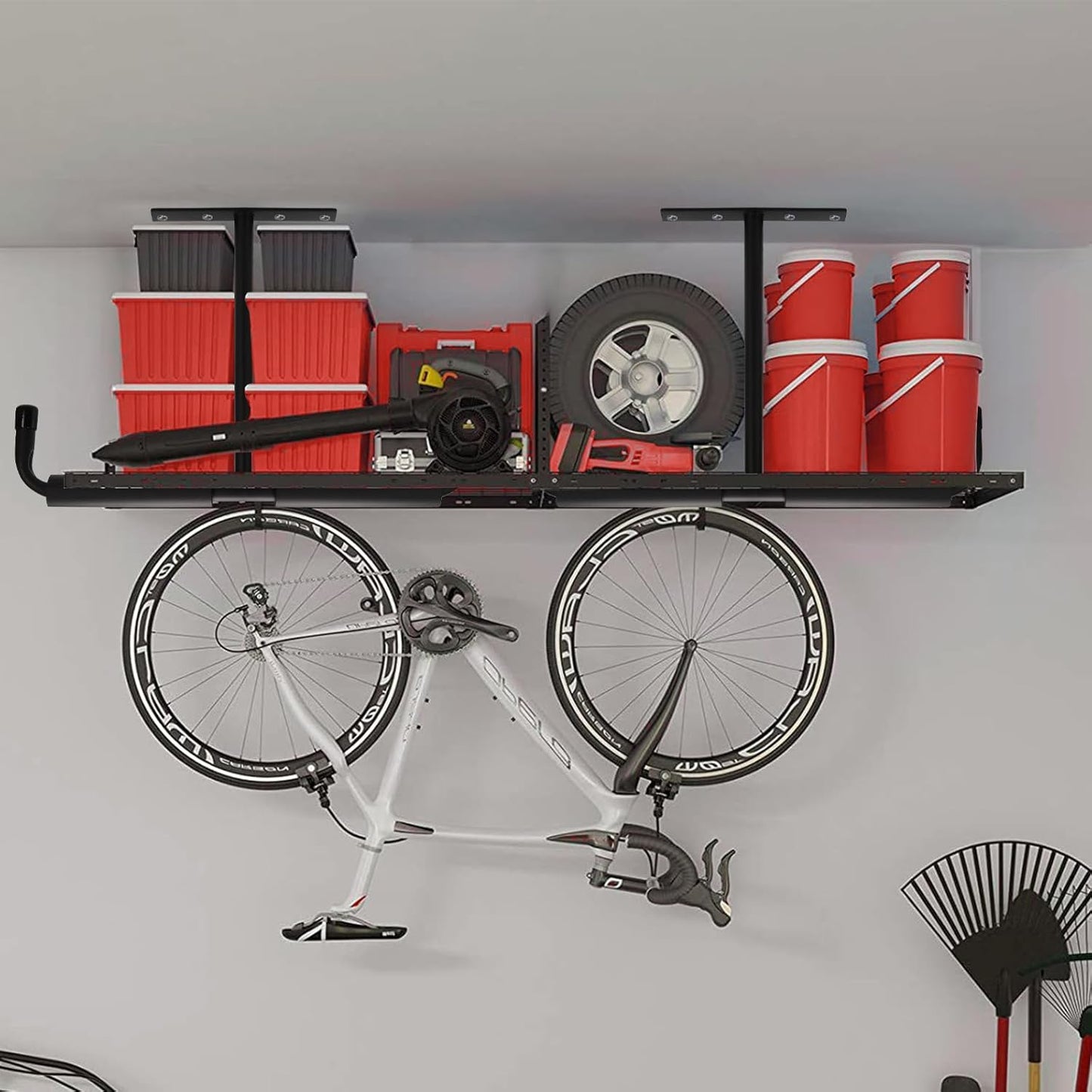 4 Pack Overhead Garage Storage Hooks, 16.5" Heavy Duty Ceiling Mount Hangers, Double T-Bar Metal Ladder Racks, Hanging for Bike, Pipe Lumber, Fishing Rod, Sports Equipment