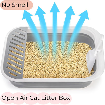 Collapsible Small Cat Litter Box, 17.7'' Open Foldable Kittens Potty with Scoop, Shallow Anti Splash Travel Toilet, Semi Enclosed Height Adjustable Sides Pan for Sick Frail Grey