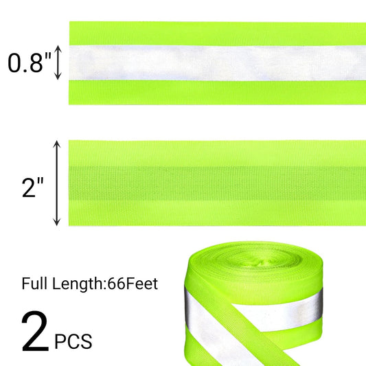 2 Rolls 2" x 66ft Reflective Ribbon, High Visibility Tape Strip, Sew On Safety Fabric Material, Silver Florescent Warning Strip Webbing for Walking Cycling Clothes Backpacks at Night