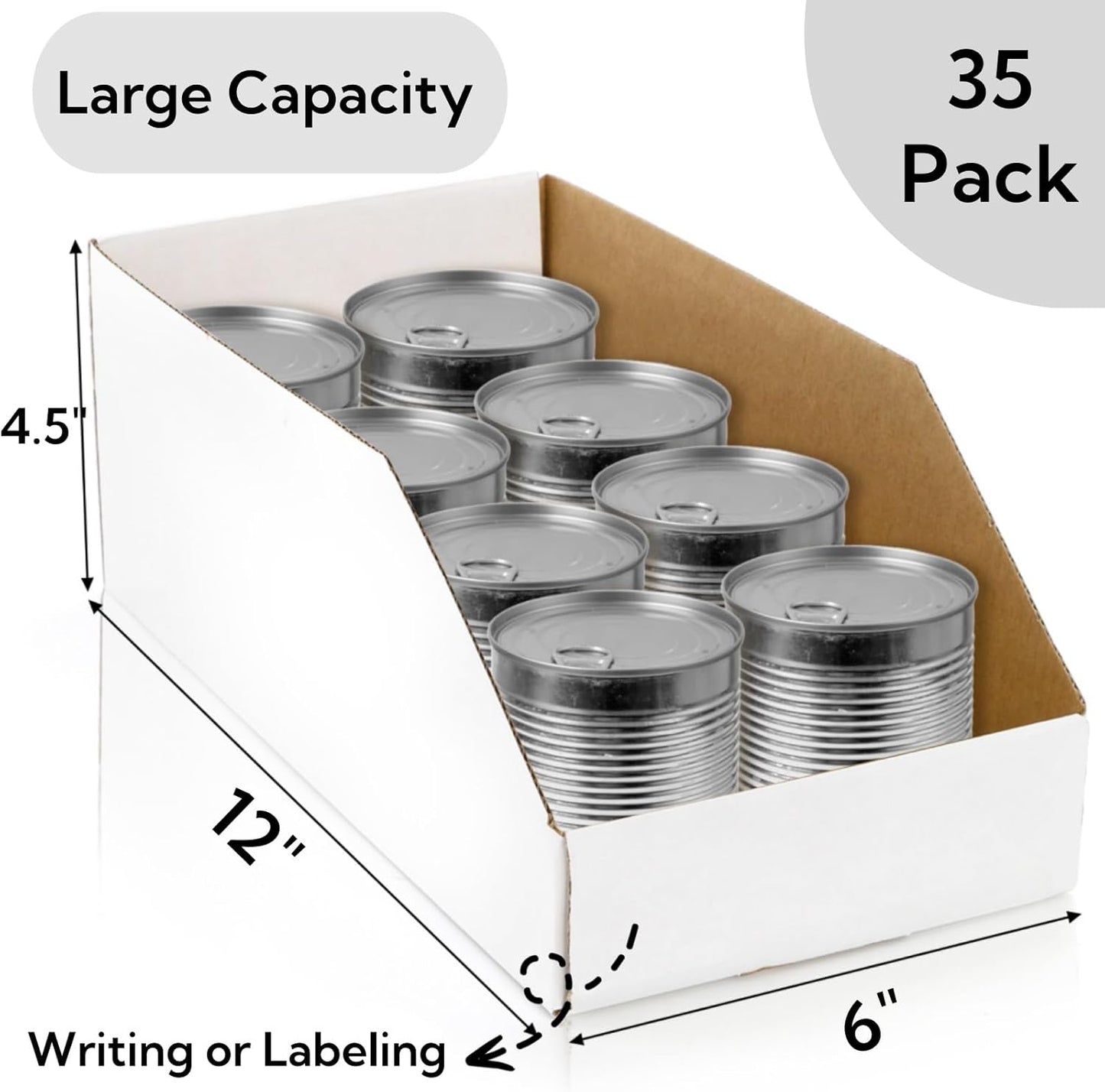 35 Pack Cardboard Storage Bins, 12" x 6" 4.5" Corrugated Open Top Box, White Pantry Shelf Organizer Bins for Parts Snacks, Ideal Garage Warehouse Home Packing Moving, Easy Assembly