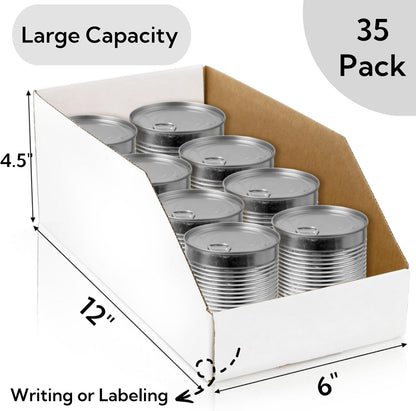 35 Pack Cardboard Storage Bins, 12" x 6" 4.5" Corrugated Open Top Box, White Pantry Shelf Organizer Bins for Parts Snacks, Ideal Garage Warehouse Home Packing Moving, Easy Assembly