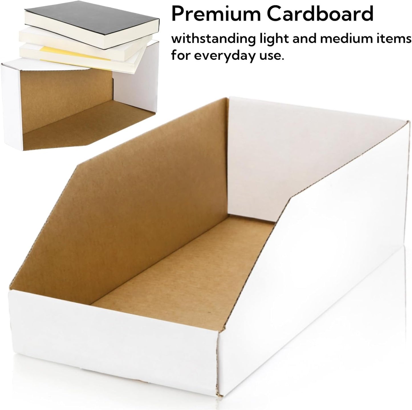 35 Pack Cardboard Storage Bins, 12" x 6" 4.5" Corrugated Open Top Box, White Pantry Shelf Organizer Bins for Parts Snacks, Ideal Garage Warehouse Home Packing Moving, Easy Assembly