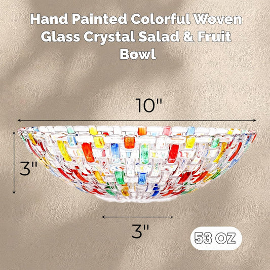 2 Pack Colorful Crystal Glass Fruit Bowls, 10" Hand Painted Woven Art Bowl, Decorative Large Plate to Display Salad Dessert Cake Candy Snack for Home Office Wedding Centerpiece Decor
