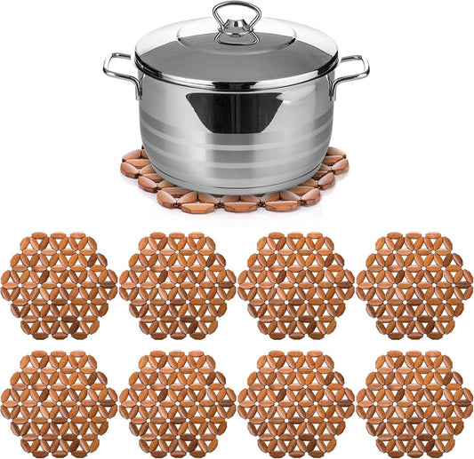 8 Pack Bamboo Trivet Mat, Hot Plate Pad, Heat Resistant Table Counter Protector, Coaster for Tea Coffee Pot Plates Pans Bowls, Festive Design Décor, Kitchen Gift Idea