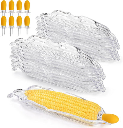 18 Pcs Corn Dish Set, Clear Plastic Tray with 8 Cob Holders, Transparent on The Dinnerware Barbecue Service Stainless Steel Skewer Needle for Sweet Butter