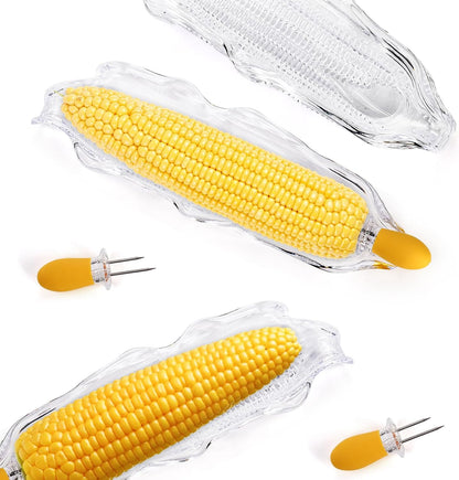 18 Pcs Corn Dish Set, Clear Plastic Tray with 8 Cob Holders, Transparent on The Dinnerware Barbecue Service Stainless Steel Skewer Needle for Sweet Butter