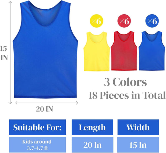 18 Packs Youth Team Pinnies, Kids Scrimmage Training Vest, Pennies, Jerseys Mesh Practice Vests for Basketball, Soccer, Football, Volleyball, 3 Colors