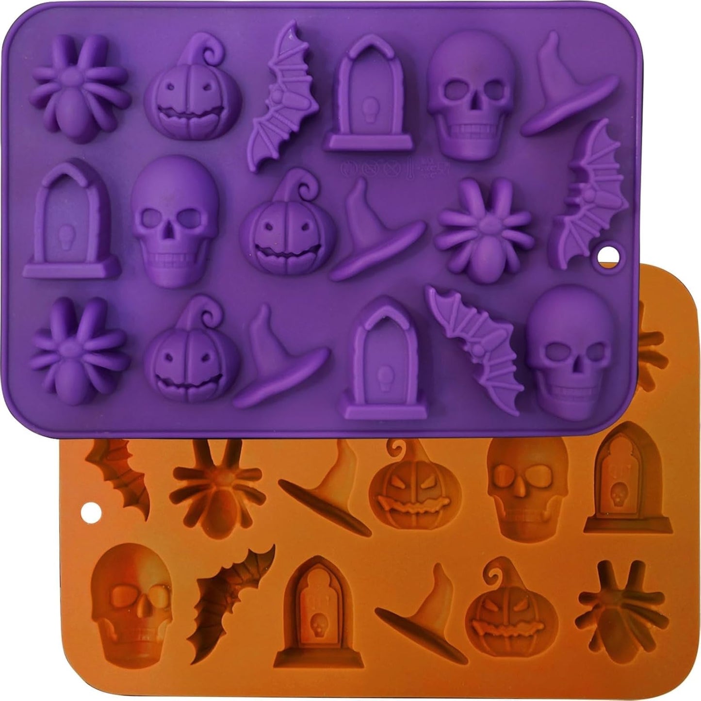 Halloween Molds - Silicone Molds - Chocolate Molds - 2-Pack - 3D Halloween Chocolate - Candy - Gummy Molds - Skull - Pumpkin - Bat - Ghost - Witch Hat - Spider - Tombstone - Shape Molds.