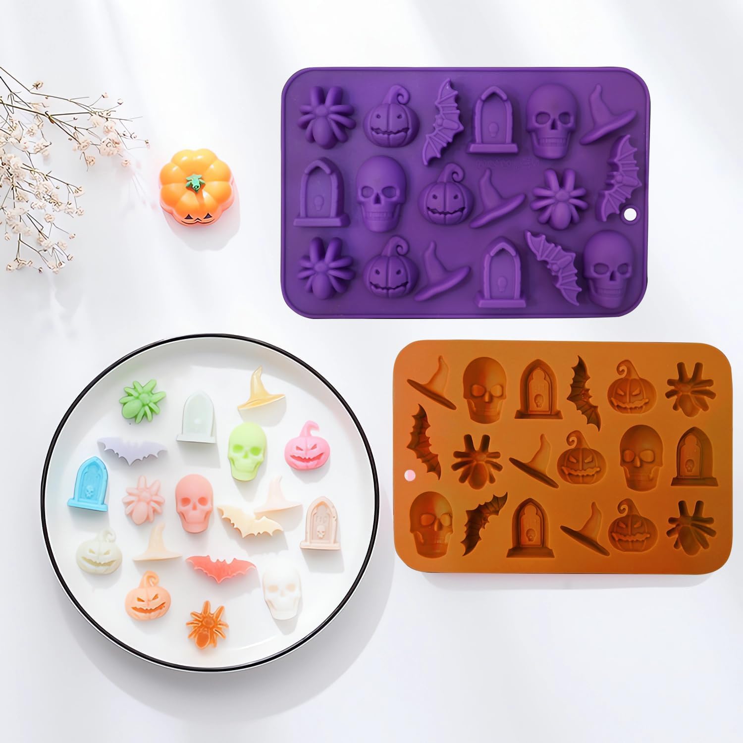 Halloween Molds - Silicone Molds - Chocolate Molds - 2-Pack - 3D Halloween Chocolate - Candy - Gummy Molds - Skull - Pumpkin - Bat - Ghost - Witch Hat - Spider - Tombstone - Shape Molds.