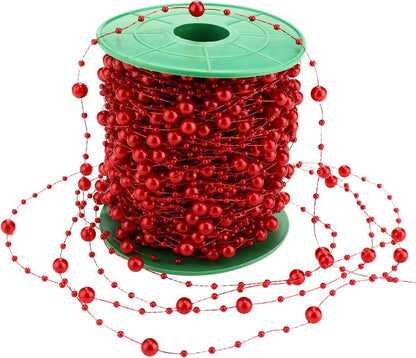 Artificial pearl beads necklace - Pearl beads - Suitable for light blue weddings, bridal bouquets, DIY crafts, table decorations, Christmas decorations - Bright red - 60 meters.