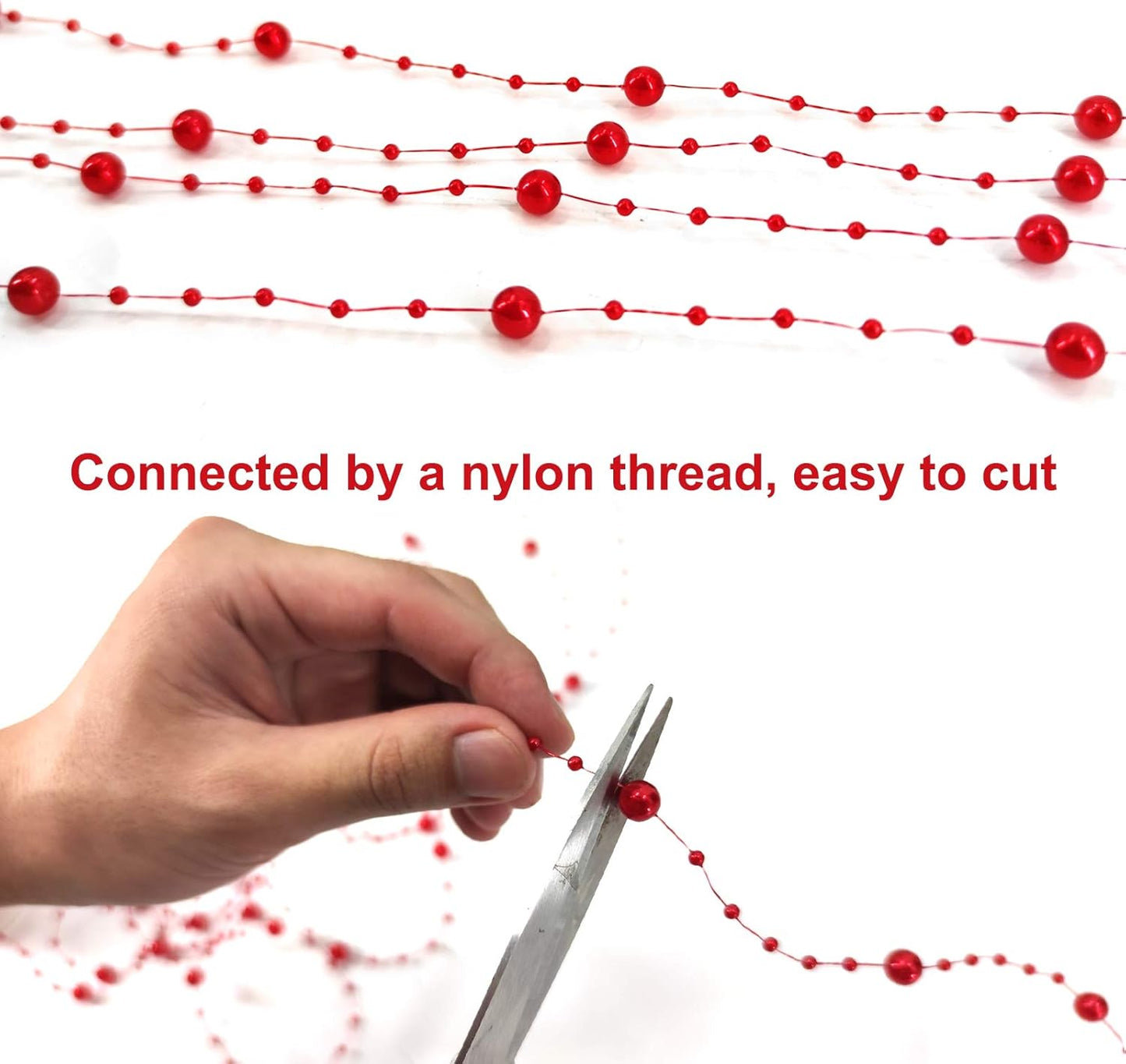 Artificial pearl beads necklace - Pearl beads - Suitable for light blue weddings, bridal bouquets, DIY crafts, table decorations, Christmas decorations - Bright red - 60 meters.