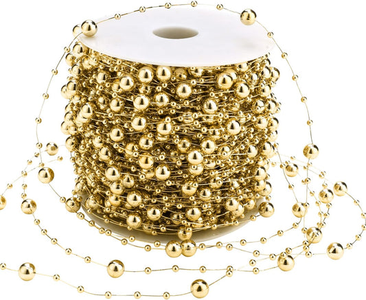 Artificial pearl beads chain - Pearl beads - Suitable for light blue weddings, bridal bouquets, DIY crafts, table decorations, Christmas decorations - Gold - 60 metres.